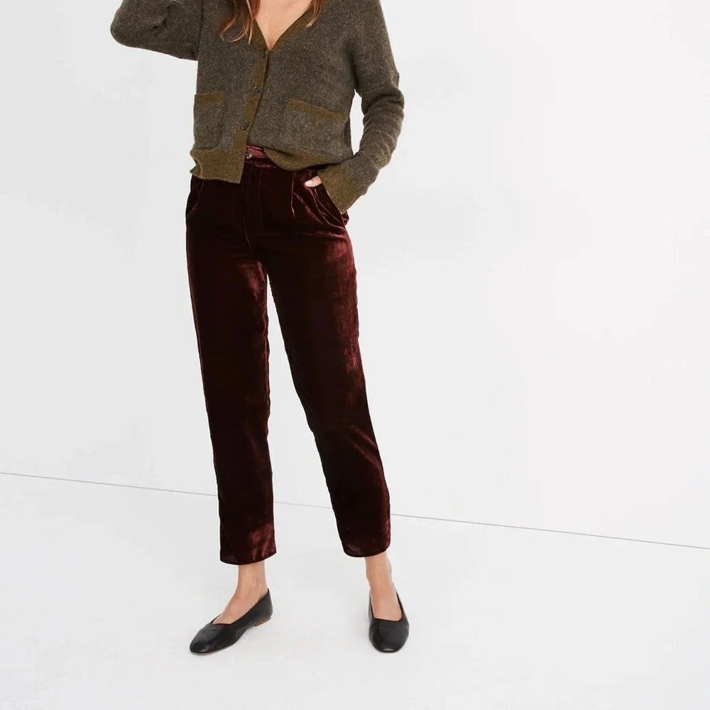 Madewell Charcoal Grey Velvet Tapered Pleat Pull On Pants